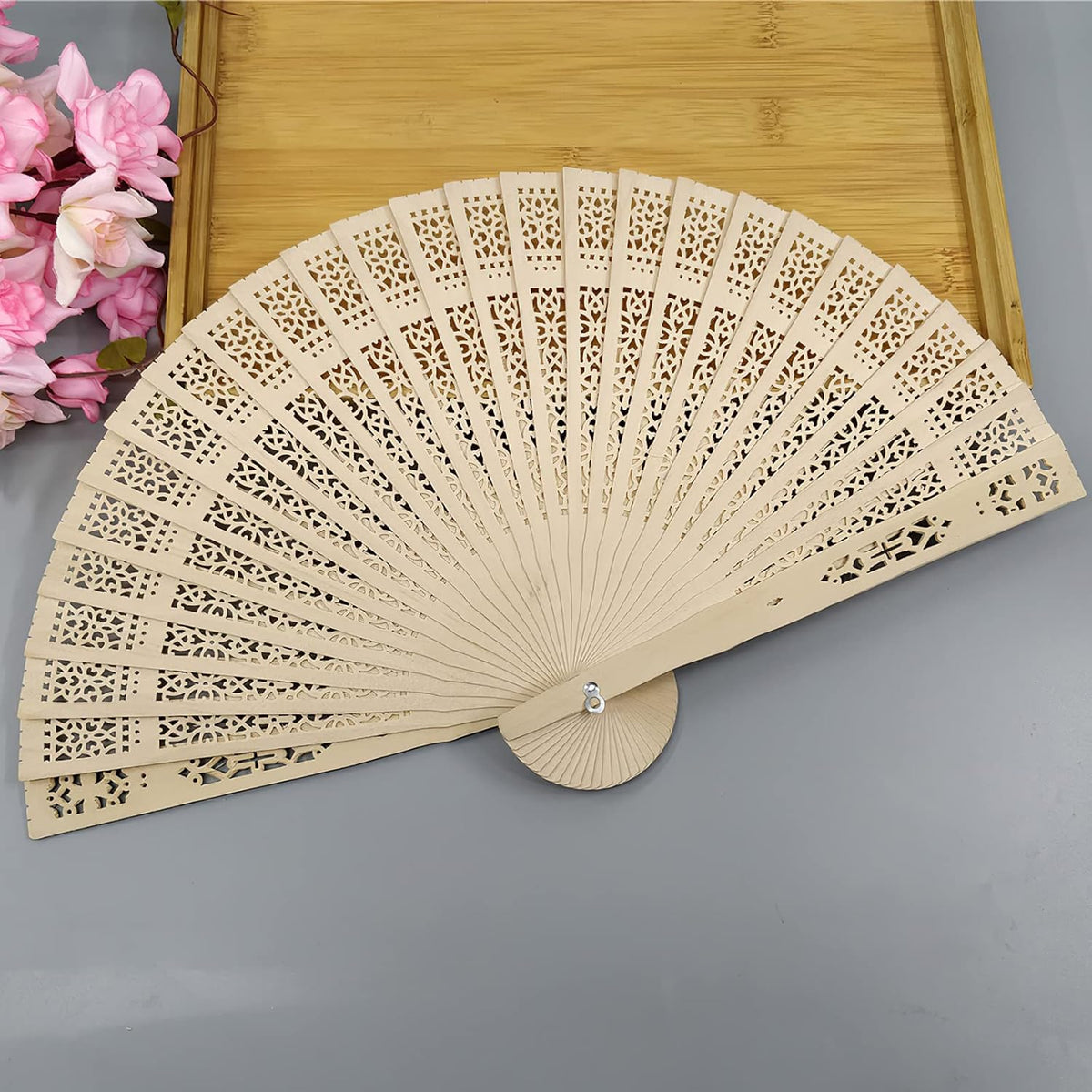 FEPITO 20 Pieces Wooden Handheld Paper Fan Wooden Folding Fans with Bamboos for Wedding Gift