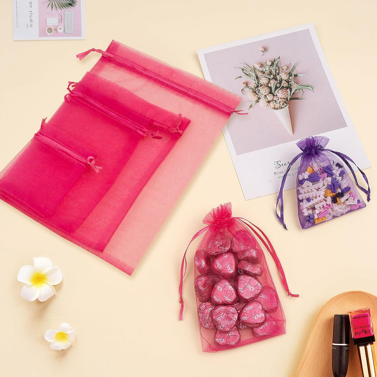 50 Pcs Hot Pink Organza Bags, 4x6 Inch Small Mesh Bags Drawstring Jewelry Pouch Bag Gift Bag Bulk