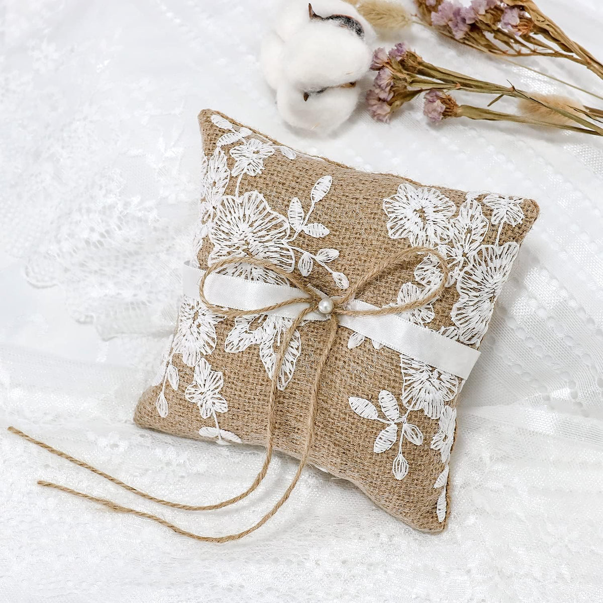 Ring Bearer Pillows Lace Bow Flower for Fall Wedding Ceremony with Vintage Rustic Lace Bow Pearl