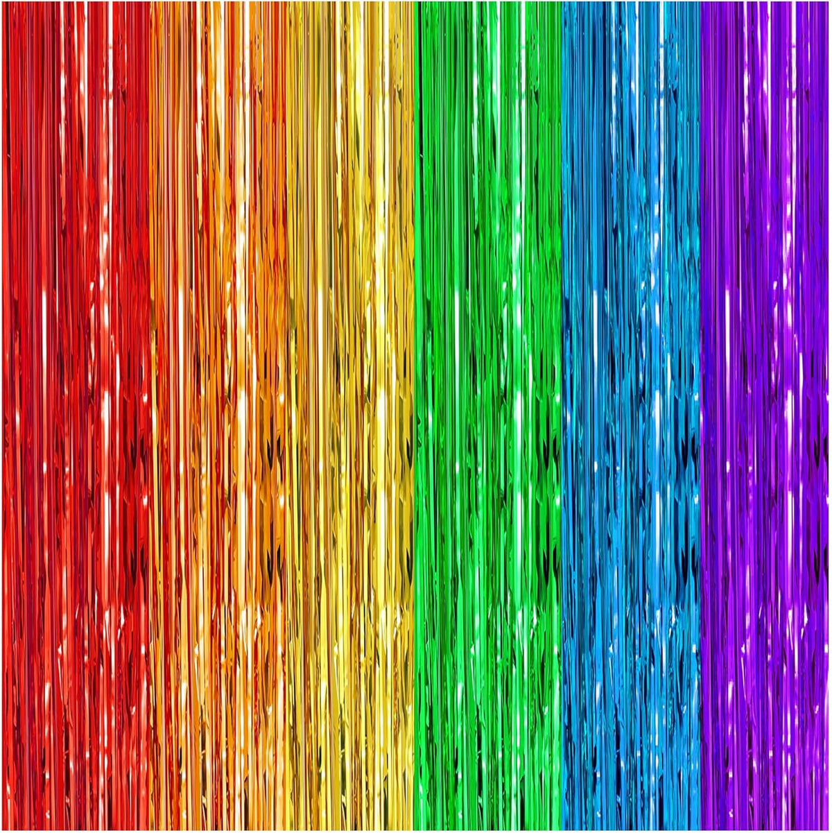 CANREVEL 2 Pack 3.3x8.2 Feet Rainbow Foil Fringe Backdrop Curtains, Tinsel Streamers Birthday Party