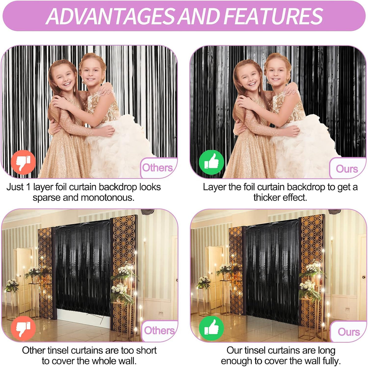 Crosize 2 Pack 3.3 x 9.9 ft Black Foil Fringe Backdrop Curtain, Streamer Backdrop Curtains