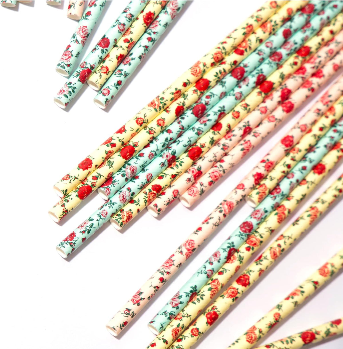 75-Pack Eco-Friendly Biodegradable Paper Straws - Vintage Rose & Floral Design in Pink, Blue