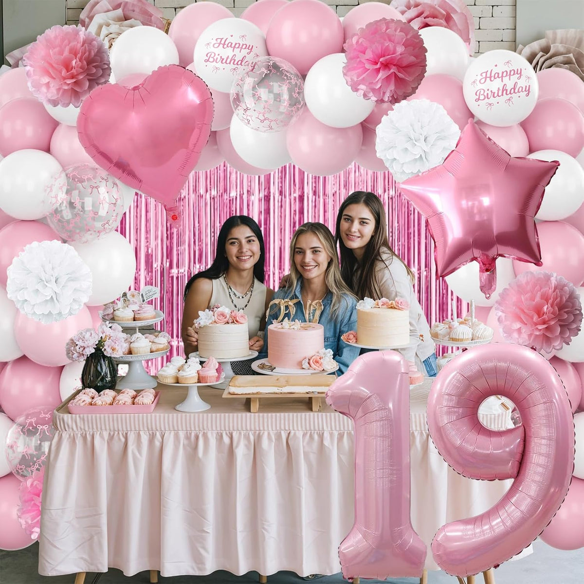 19th Birthday Decorations for Girls Pink Number 19 Balloon Bow Coquette Happy Birthday Banner