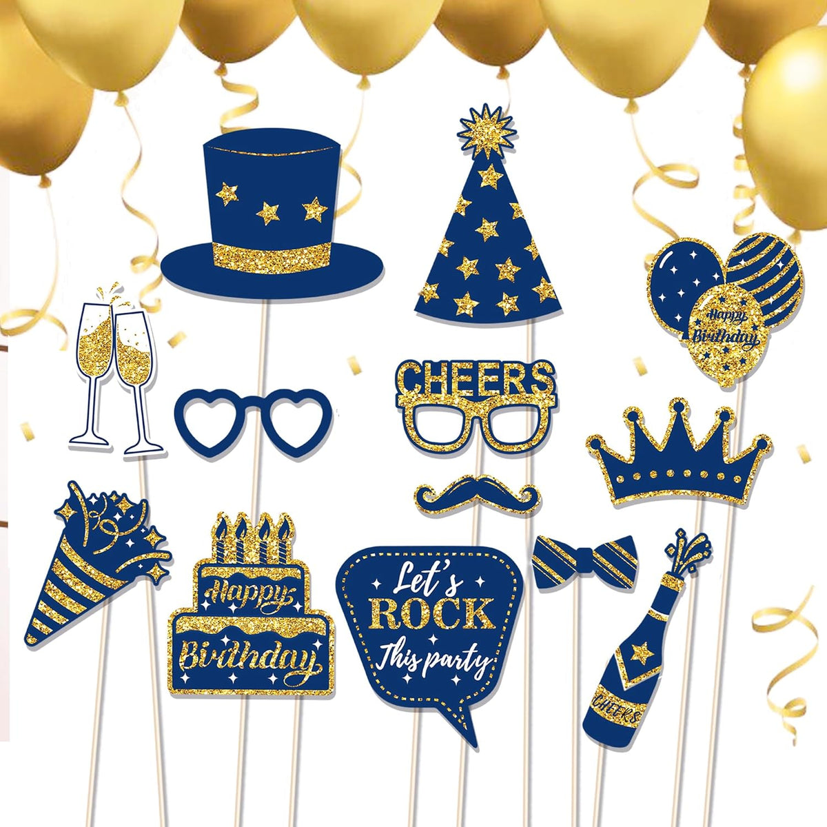 36 PCS Photo Booth Props Party Supplies Holiday Picture Decorations Blue Paper Photo Props for