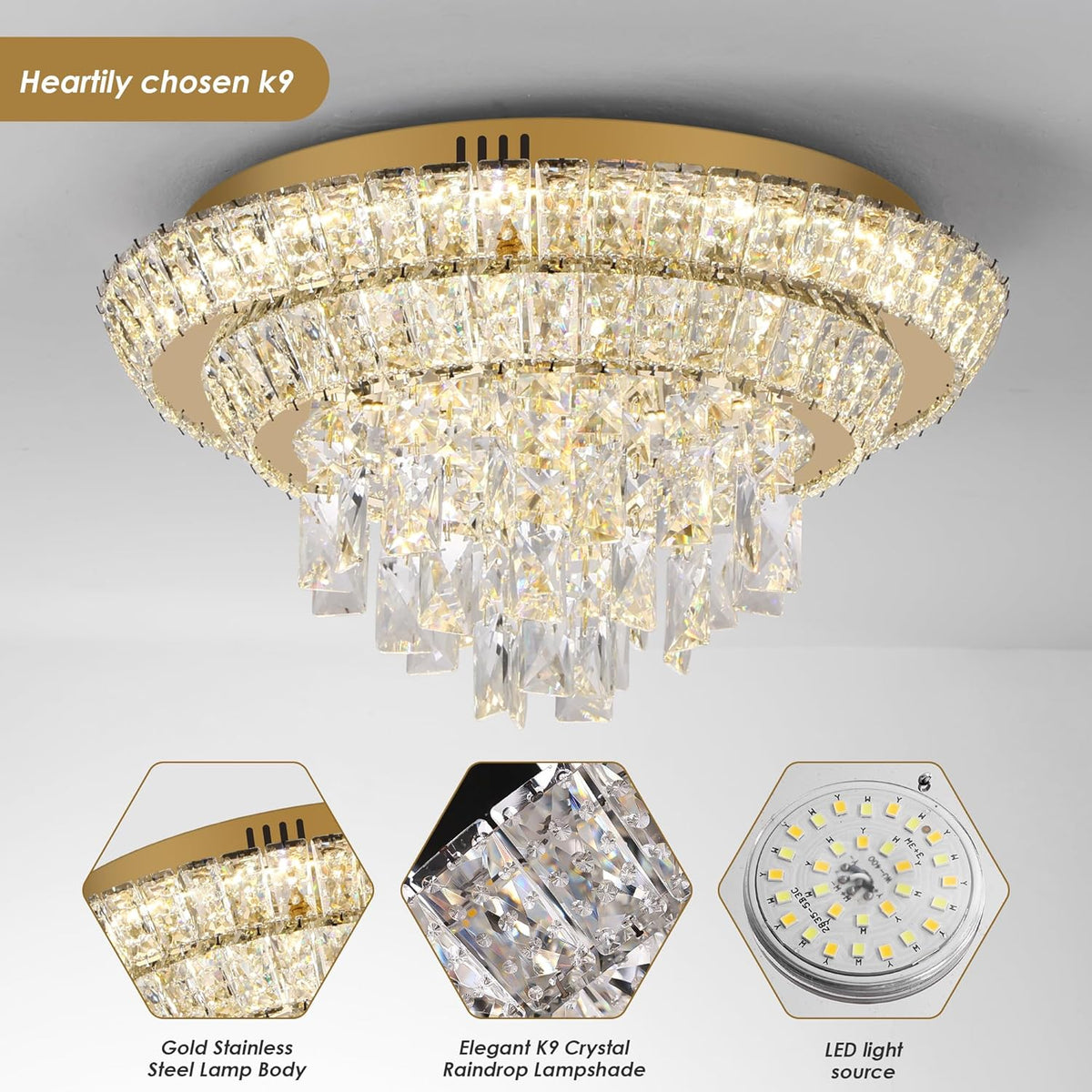 18 inch Crystal Gold Ceiling-Light Flush Mount with Remote Control and APP, 3CCT Dimmable &