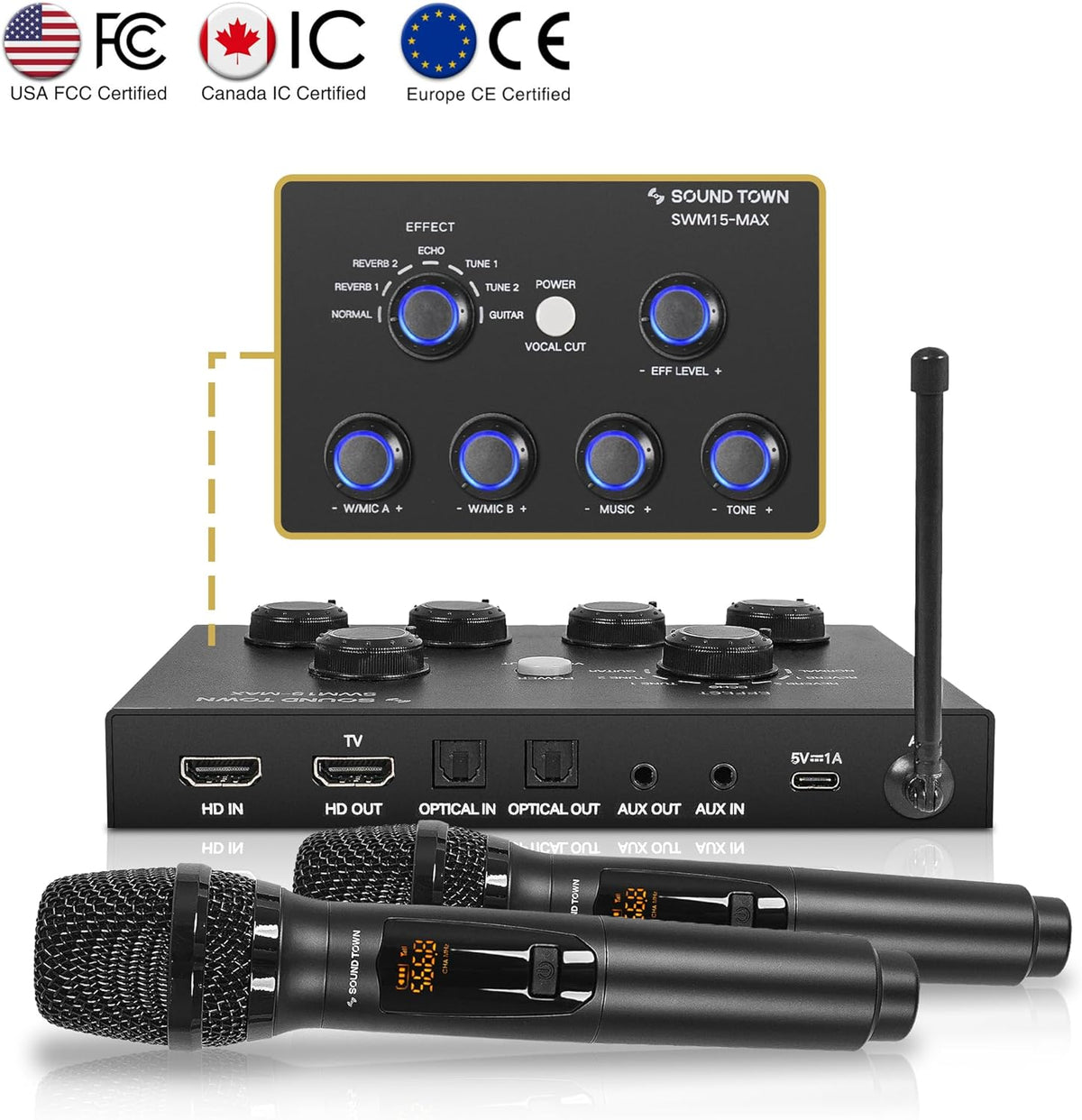 Sound Town 16 Channels Wireless Microphone Karaoke Mixer System w/ 2 Wireless Mics, HD ARC, Optical