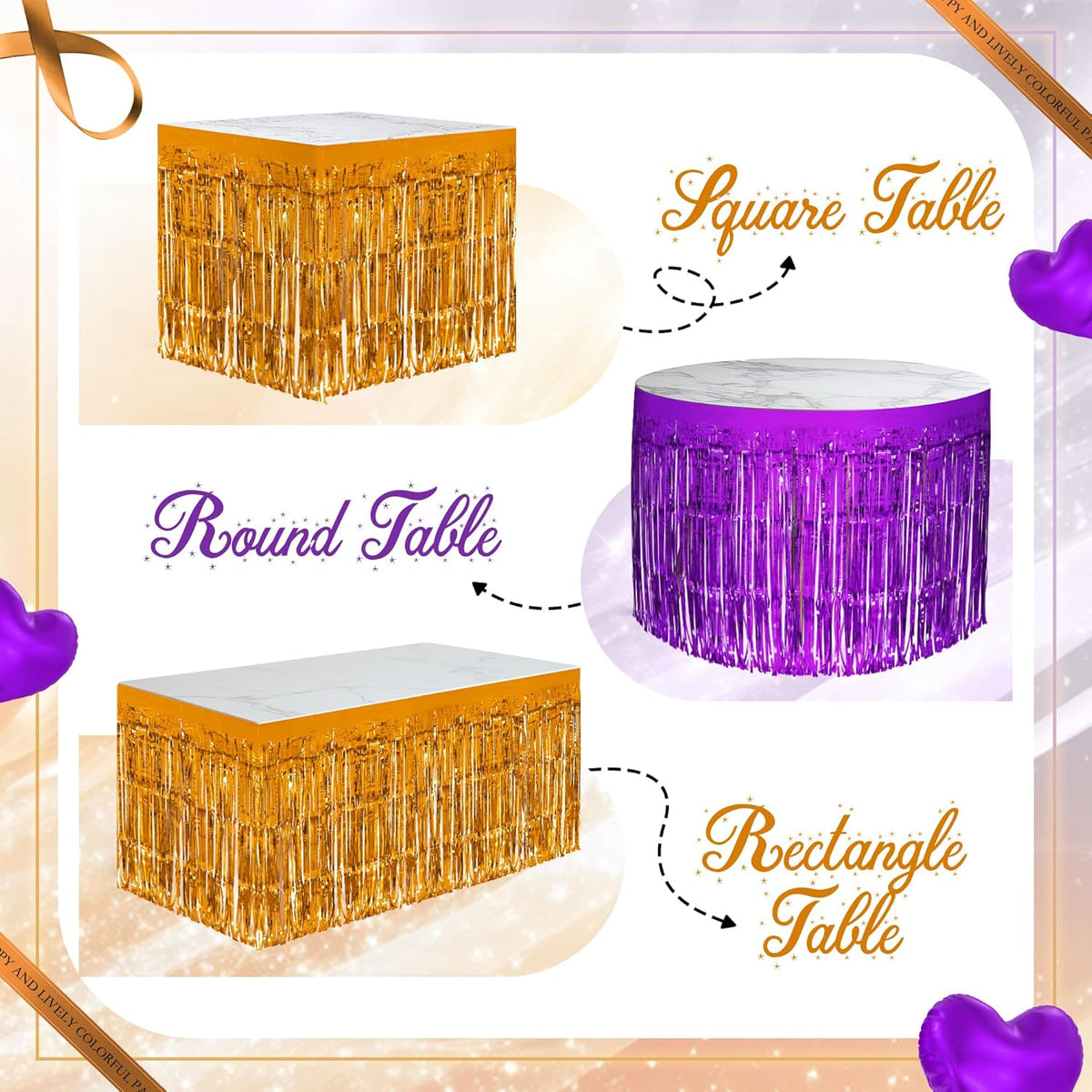 2 Pack Dark Purple Orange Table Skirts, 29x108" Metallic Foil Tinsel Fringe Table Skirt for