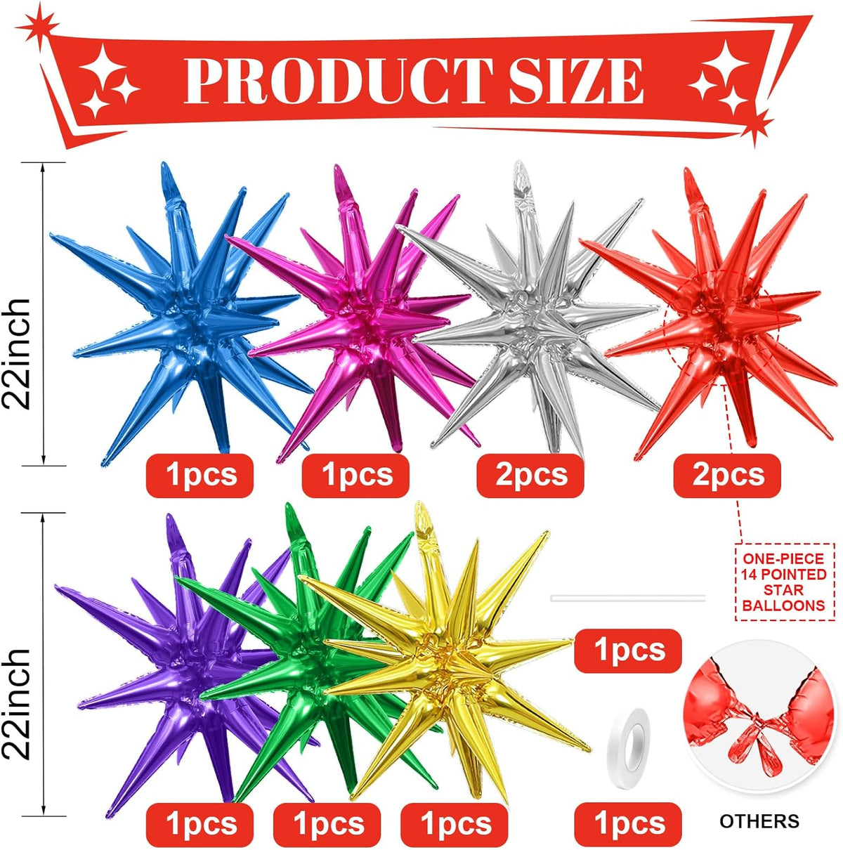 Colorful Star Balloons,9Pcs 22Inch Rainbow Explosion Spike Cone Helium Polyester Film Star Foil
