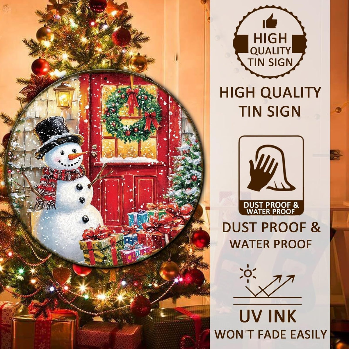 Round Wall Decor Christmas Metal Tin Sign Snowman Sign Rustic Wall Decor Wall Plaque Snowman Wreath