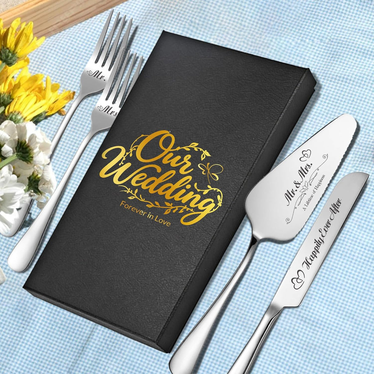 Personalized Wedding Cake Knife and Server Set, Engraved Cake Cutting Set with Stainless Steel