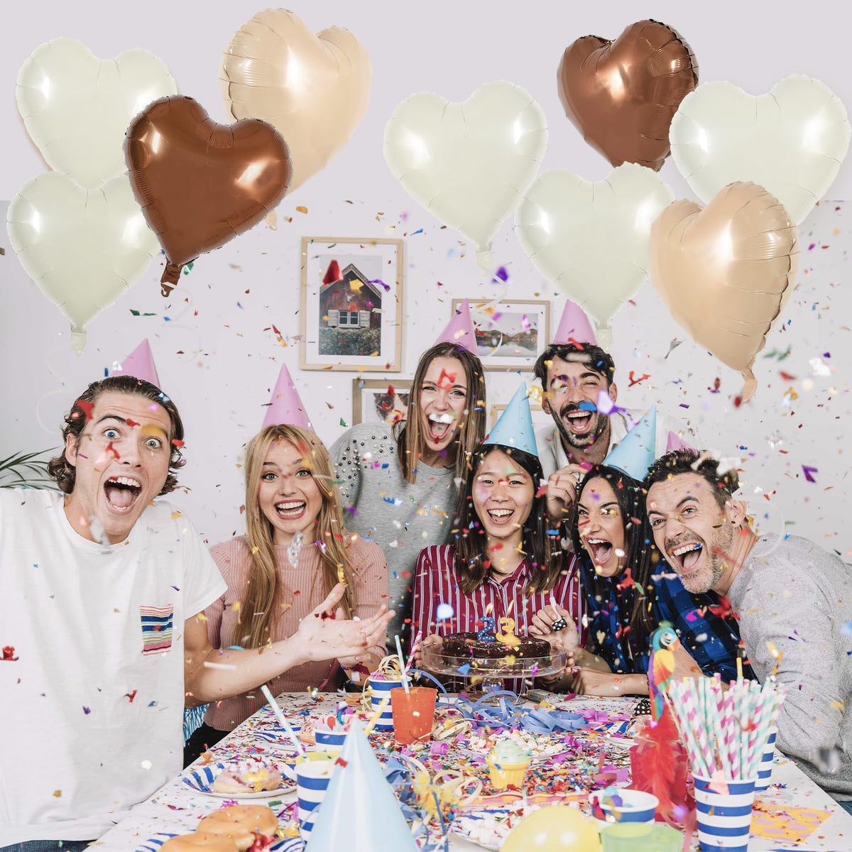 TONIFUL 30Pcs 18 Inch Cream White Heart Balloons Light Brown Coffee Foil Balloons Decoration for