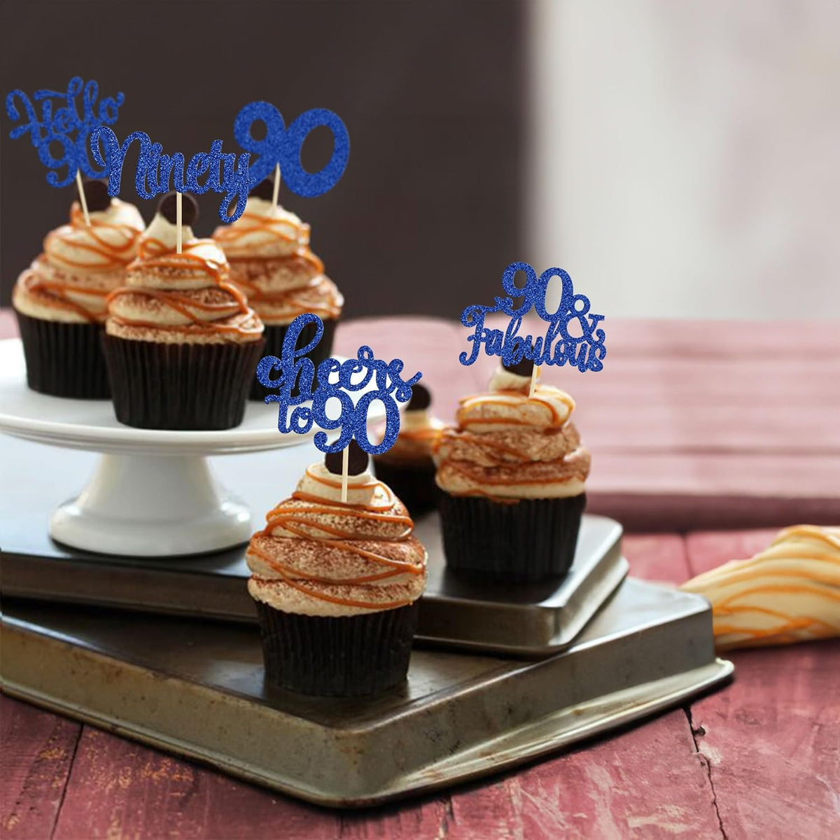 30pcs Happy 90th Birthday Cupcake Toppers - Deep Blue Glitter Ninety Cheers to 90 Years Old Cupcake