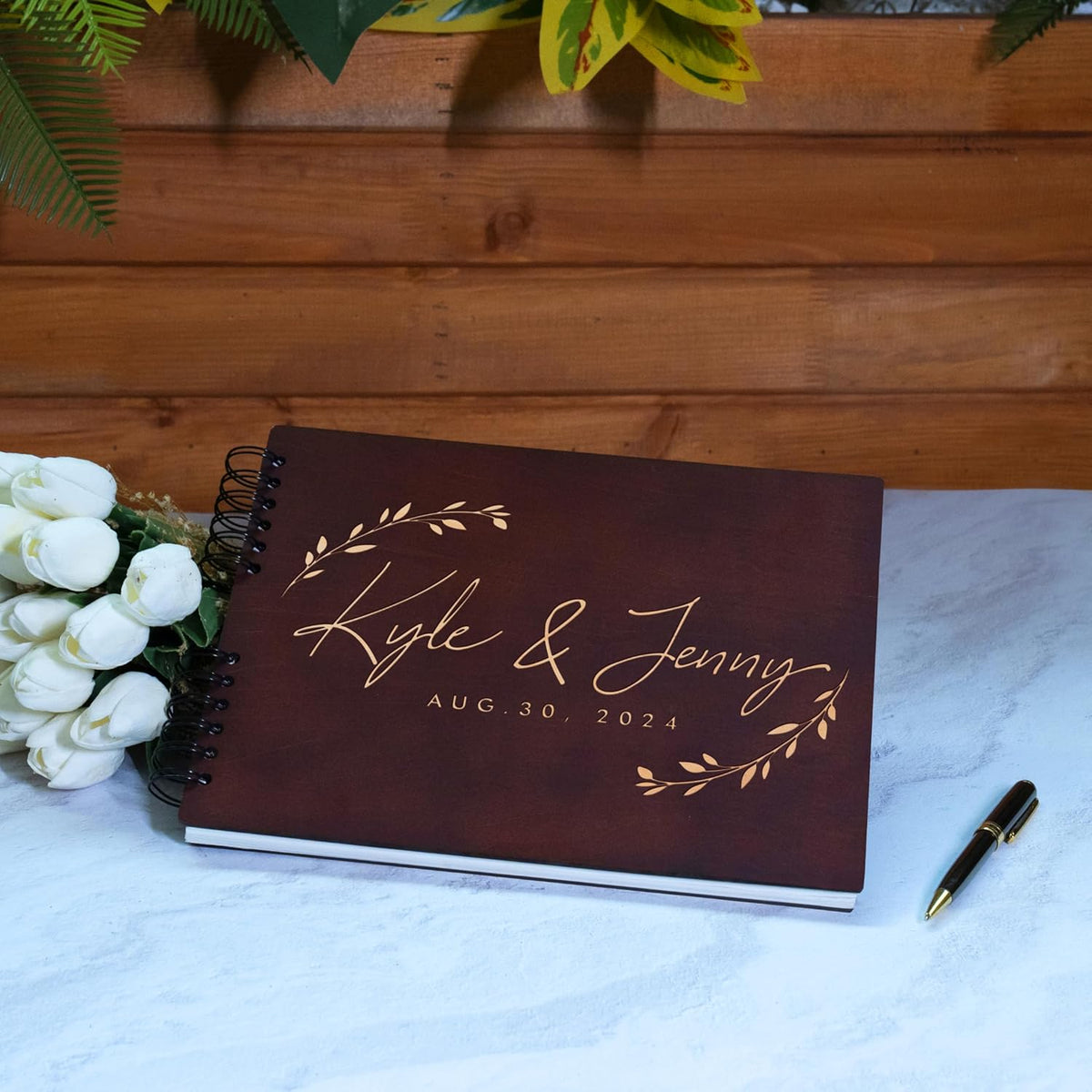 Personalized Wood Wedding Guest Book - 5 Colors/Finishings, 2 Sizes, 12 Designs - Wood Wedding