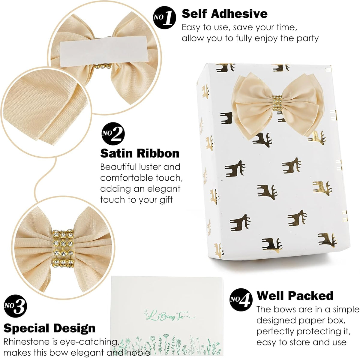 Champagne Gold Ribbon Bow 4'' Premade Satin Bows, Gift Bows with Rhinestone, Wrapping Bow for