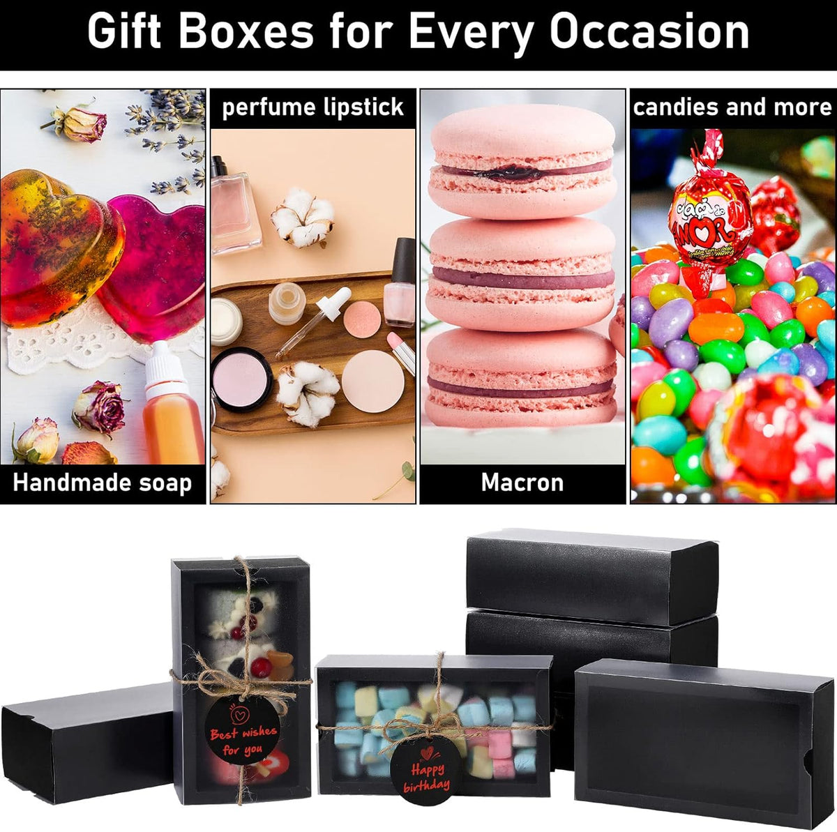 Roowest 50 Sets Kraft Gift Boxes Rectangle Kraft Paper Drawer Box with Window Homemade Soap Box