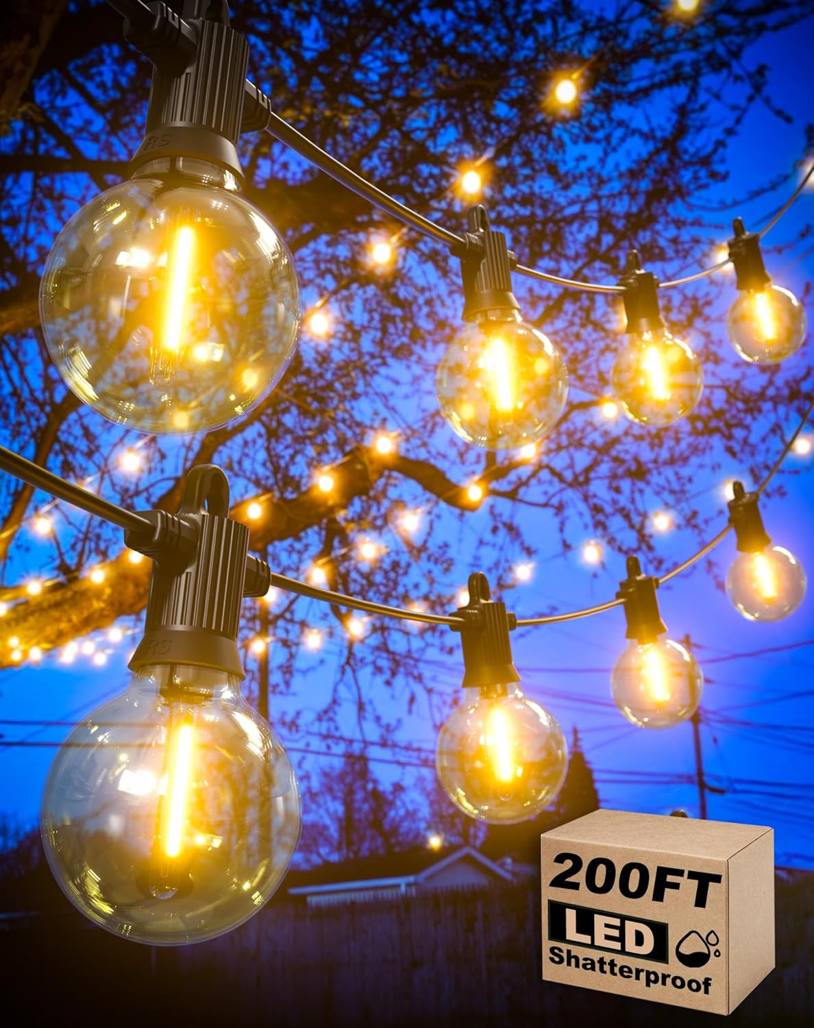 Outdoor String Lights, 200FT Patio Lights with 100 Shatterproof G40 Globe Bulbs(4 Spare)