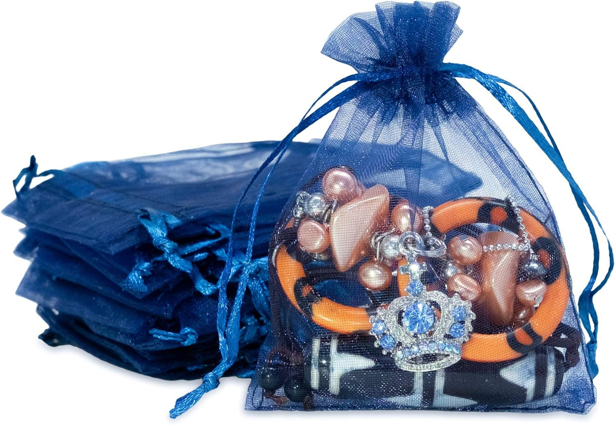 TheDisplayGuys 100-Pack 3x4 Navy Blue Sheer Organza Gift Bags with Drawstring, Jewelry Candy Treat