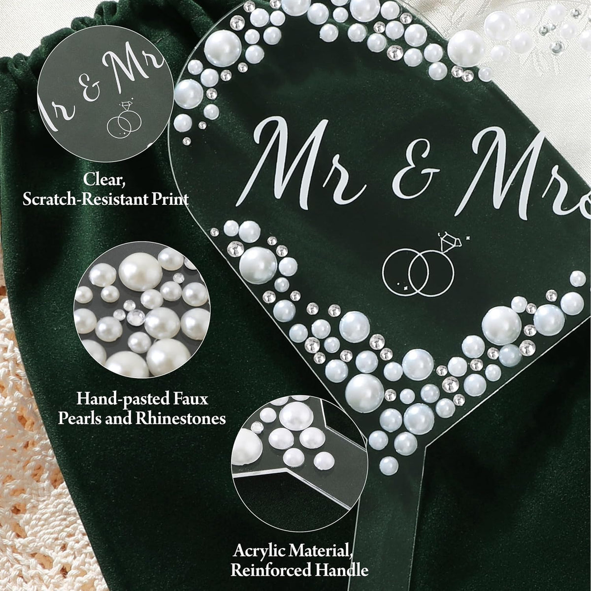 Coucoland Mr and Mrs Cake Topper - Heart Wedding Cake Decor with Rhinestones and Pearls for