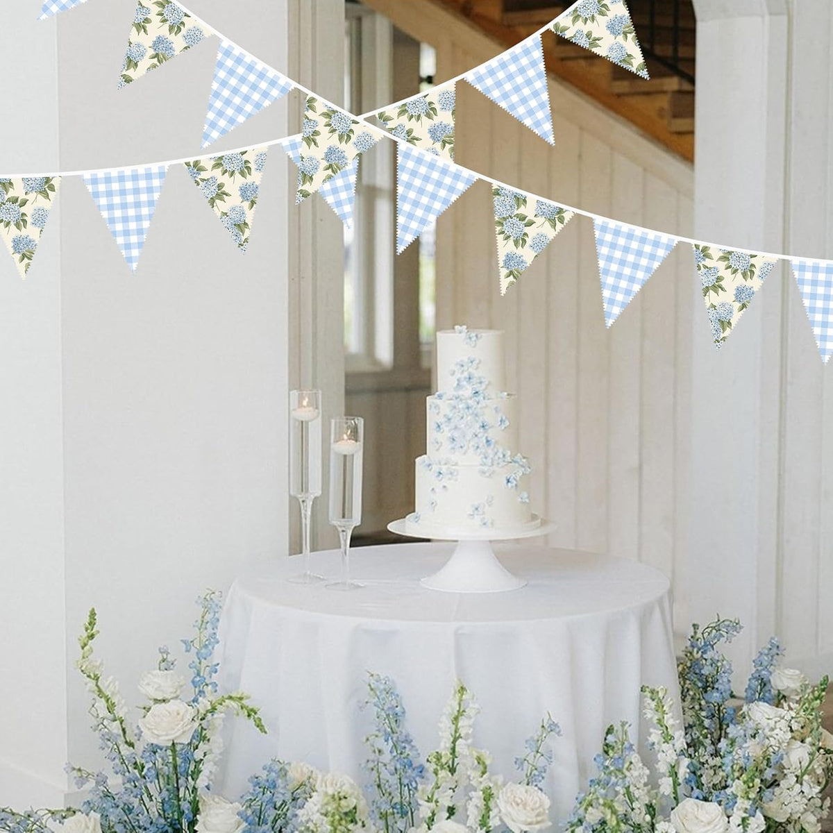 32Ft Blue Flora Party Decorations Blue Gingham HydrangeaTriangle Flag Fabric Banner Pennant Garland