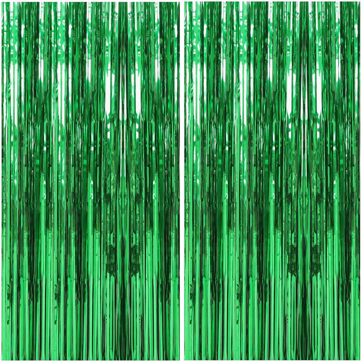 2 Pack Foil Curtain Backdrop Green Metallic Tinsel Foil Fringe Curtains Photo Booth Props for