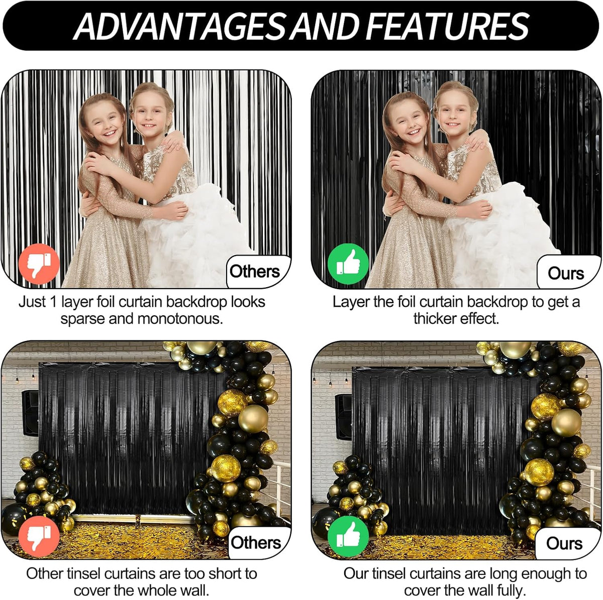 2 Pack Black Foil Fringe Curtains Streamers Party Decorations 3.3 x 8.2 ft, Black Tinsel Curtain