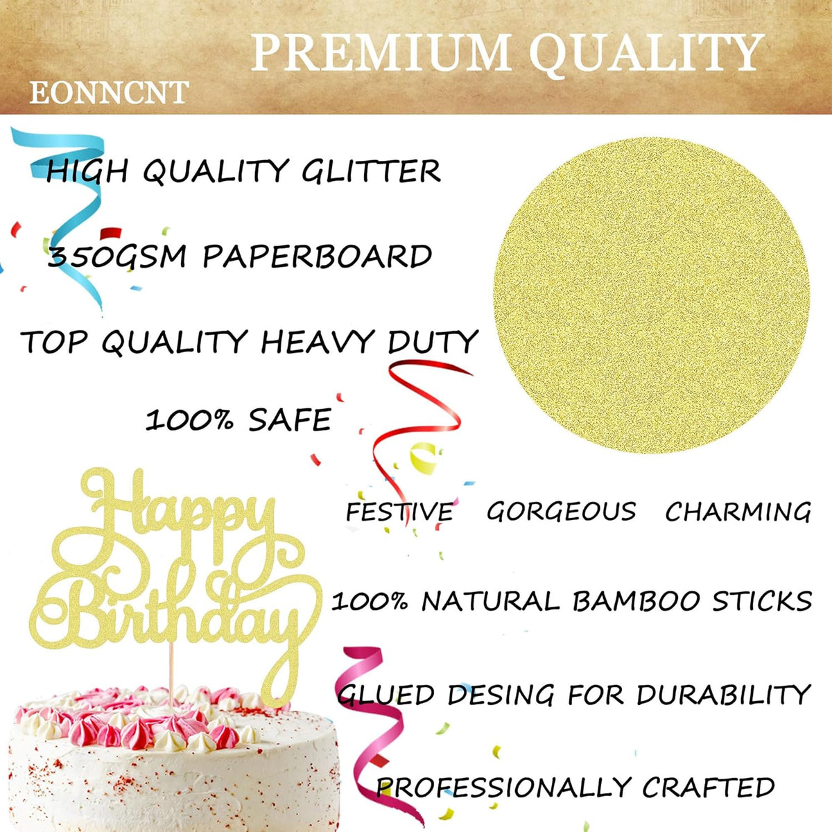 Happy Birthday Cake Topper - Gold Glitter Birthday Party Cake Decoration Supplies - Happy Birthday