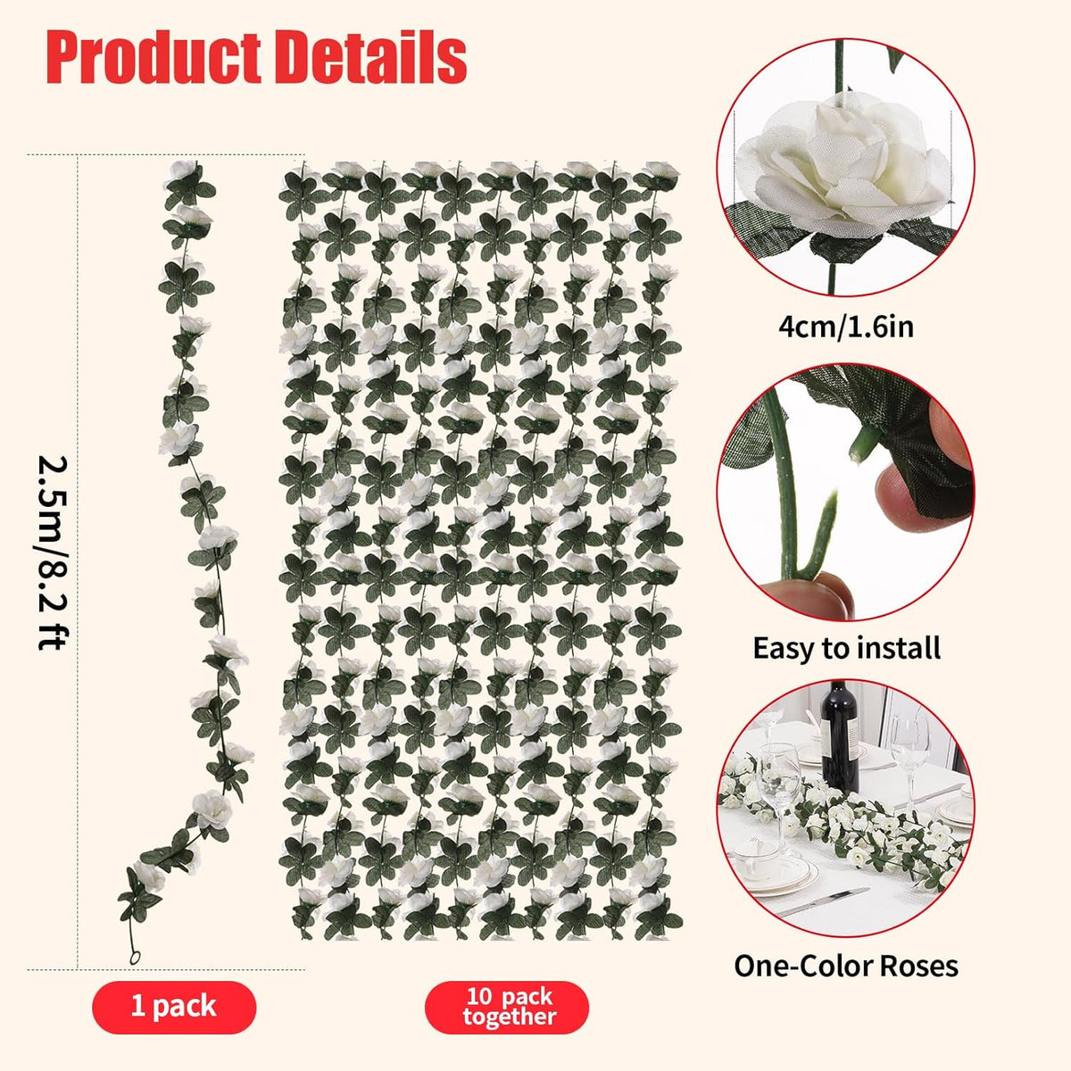 10 Pcs 82FT Flower Garland, Artificial Rose Garland Flowers Plants Fake Flower Hanging Rose Ivy
