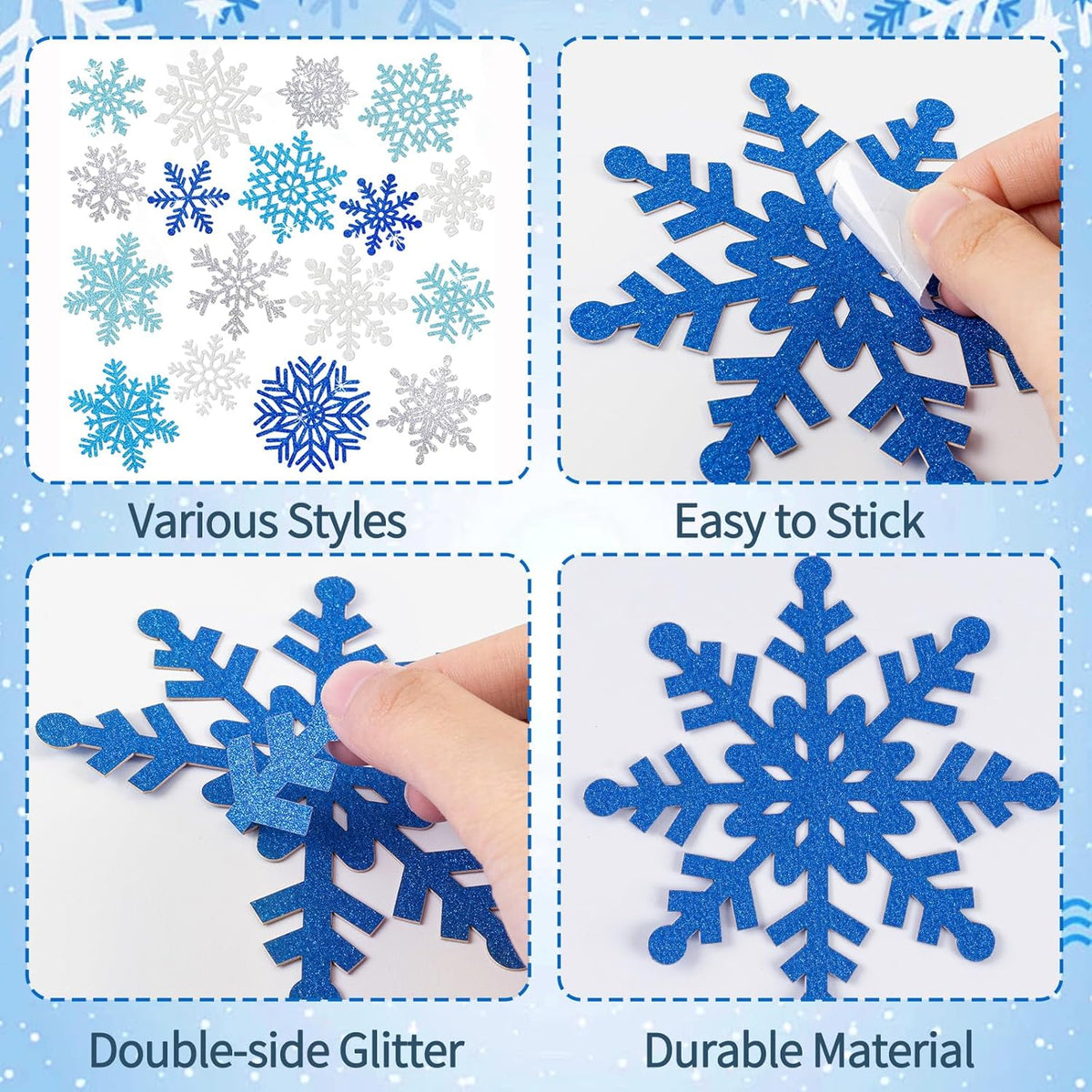 Winter Snowflake Cutouts - Glitter Paper Snowflake Decorations - 100Pcs Blue & Silver Double-Side