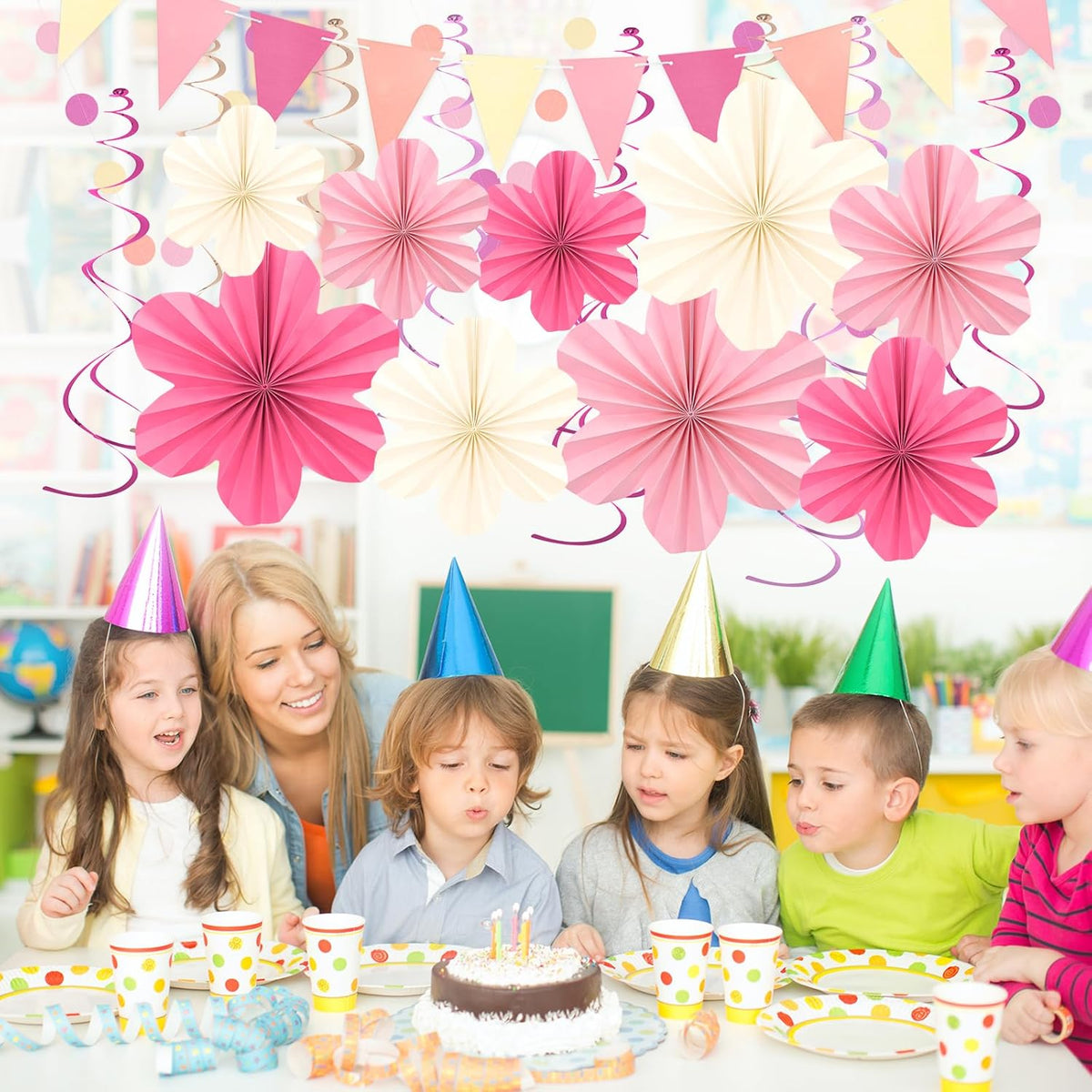 Pink and Yellow Party Decorations, Pink Birthday Decoration with Colorful Hanging Paper