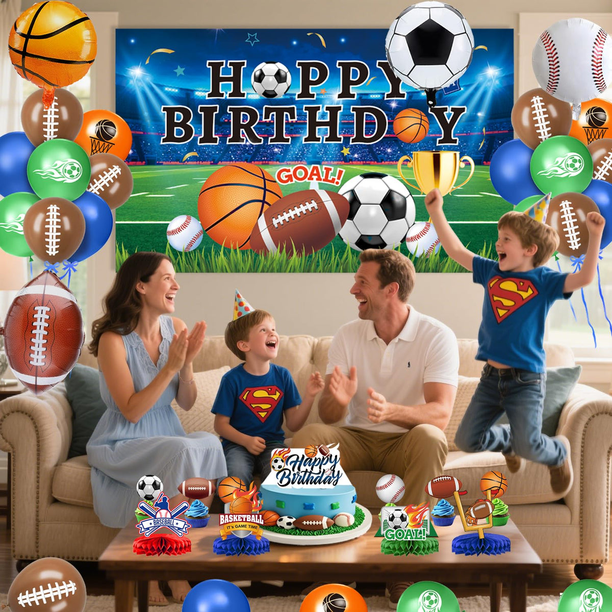 Sports Birthday Party Decorations Includes Banner, Backdrop, Foil & Latex Balloons, Cake & Cupcake