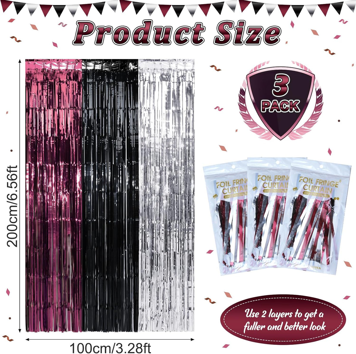 3 Pack 3.3Ft x 6.6Ft Graduation Foil Fringe Curtain Backdrop Decorations, Maroon Black Silver