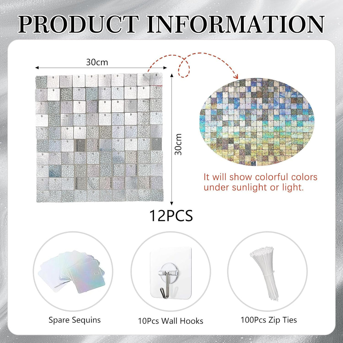 24PCS Silver Shimmer Wall Backdrop, Laser Square Sequin Photo Backdrops Panel, Glitter Wall