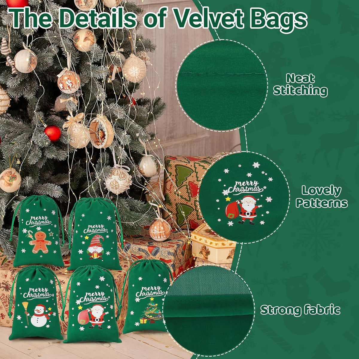 Tapleap Coth Christmas Bags with Drawstring - 50Pcs 4x6 Green Velvet for Wrapping Christmas Party