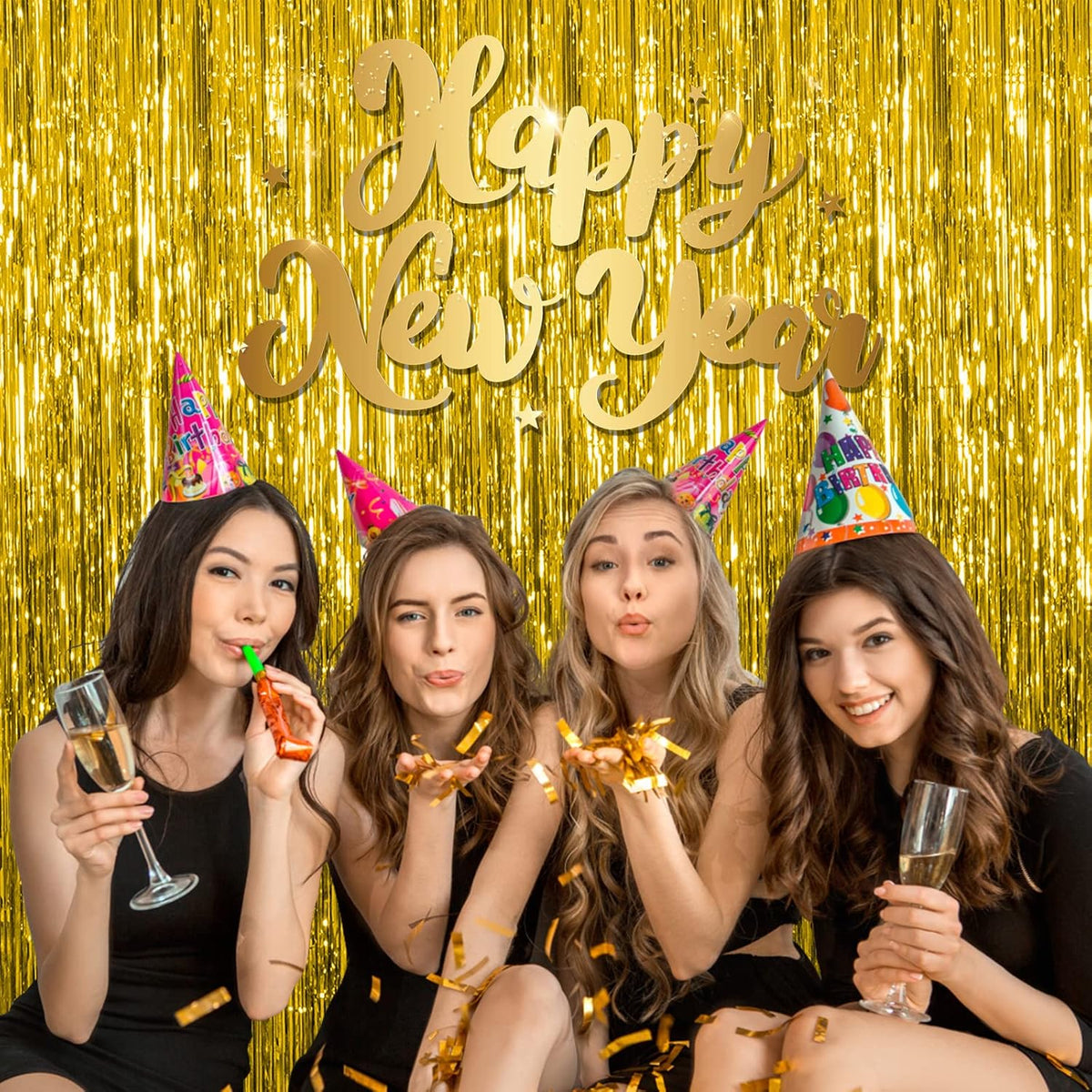 5 Pack Gold Fringe Curtain Backdrop Tinsel Streamers Birthday Party Decorations Christmas Photo
