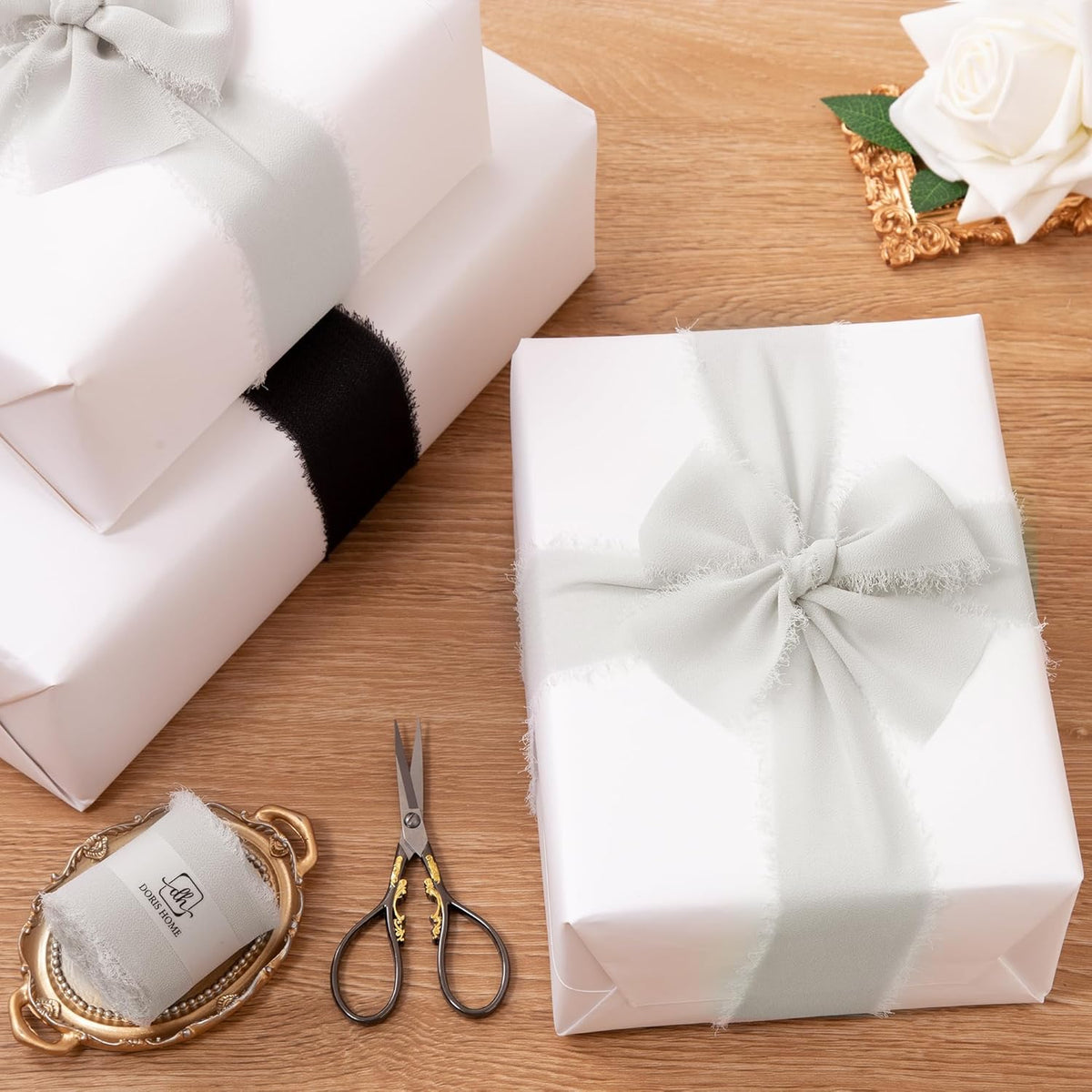 DORIS HOME Light Grey Chiffon Ribbon for Flower Bouquet, 2" x21Yd Fabric Ribbon for Gift Wrapping
