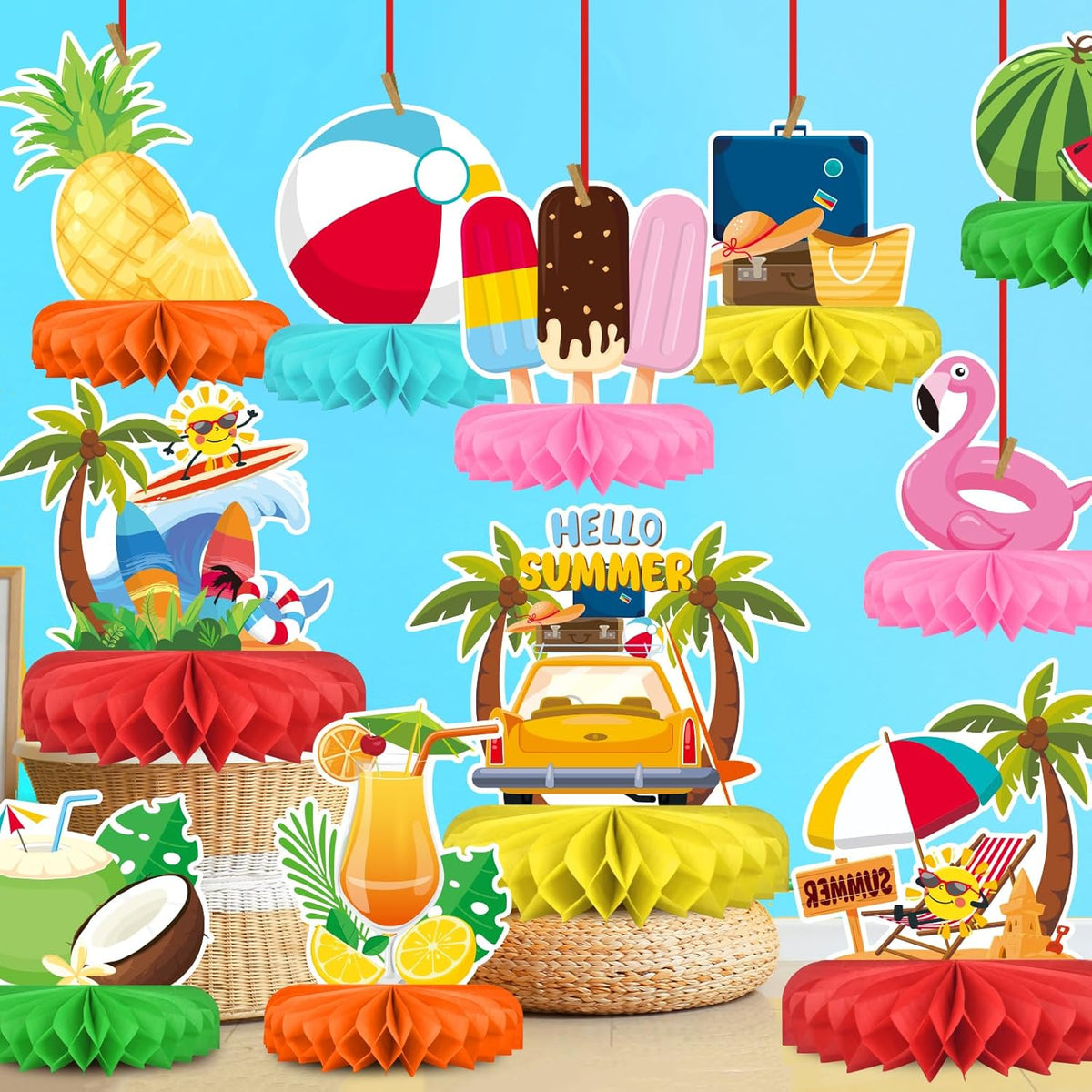 Beach Party Decorations Kit - Beach Themed Honeycomb Centerpieces and Table Decor for Summer & Pool