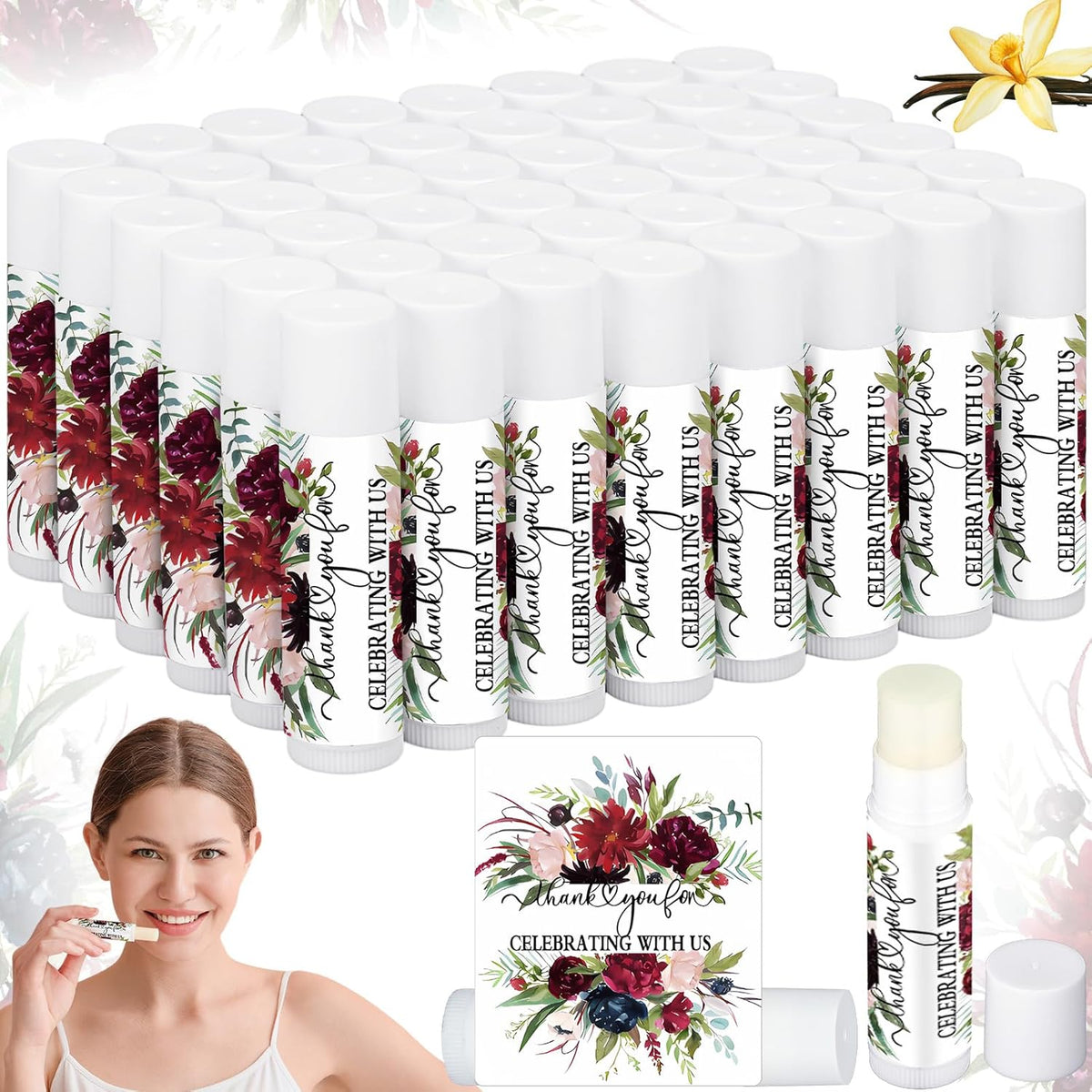 50 Pcs Wedding Bridal Shower Gifts Party Favors Bulk Floral Lip Balm Baby Shower Thank You