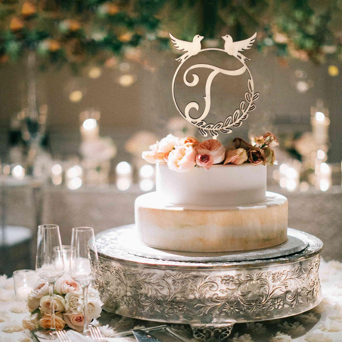LINGTEER Personalized Inital Letter T Wood Cake Topper Perfect for Birthday Rustic Wedding