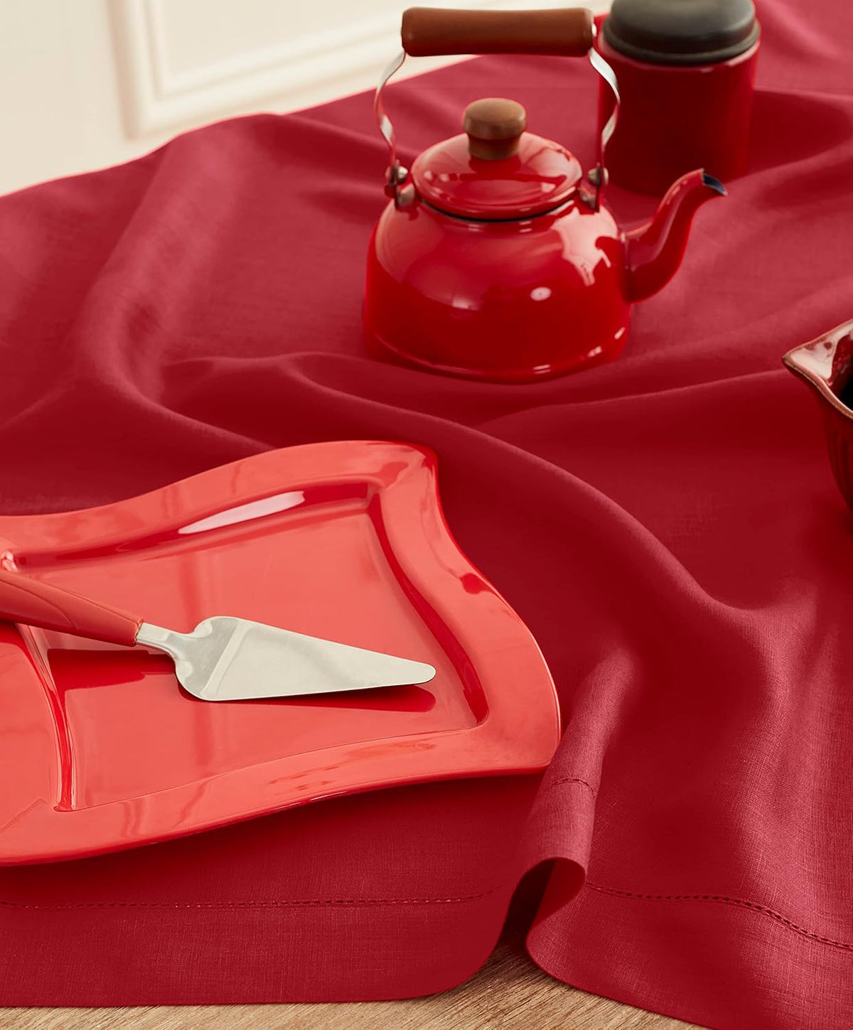Solino Home Red Linen Tablecloth 52 x 52 Inch - 100% Pure Linen Square Table Throw - Classic