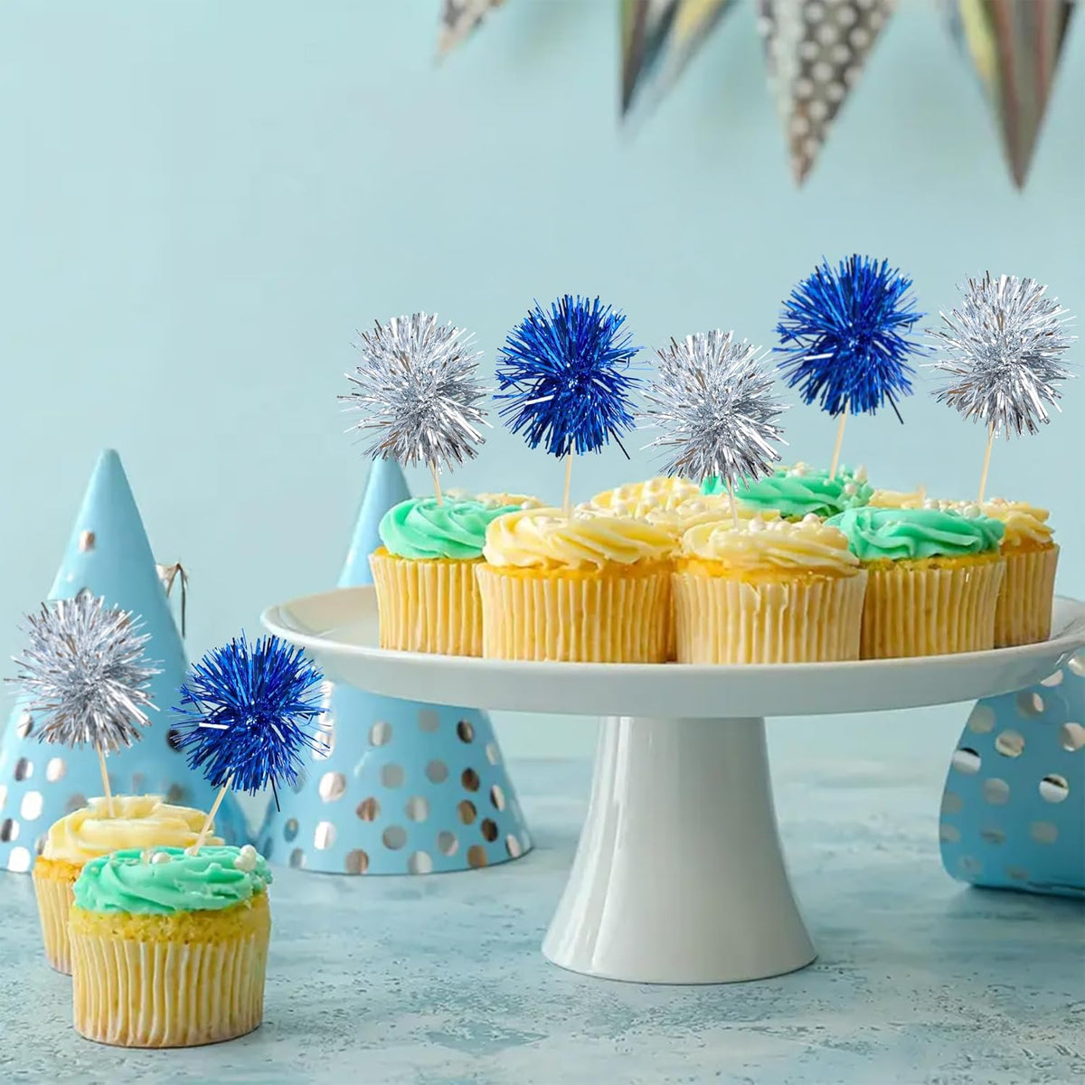 Ephlyn 30Pcs Foil Firework Cupcake Toppers Party Birthday Cake Toppers Supplies Sparkle Tinsel