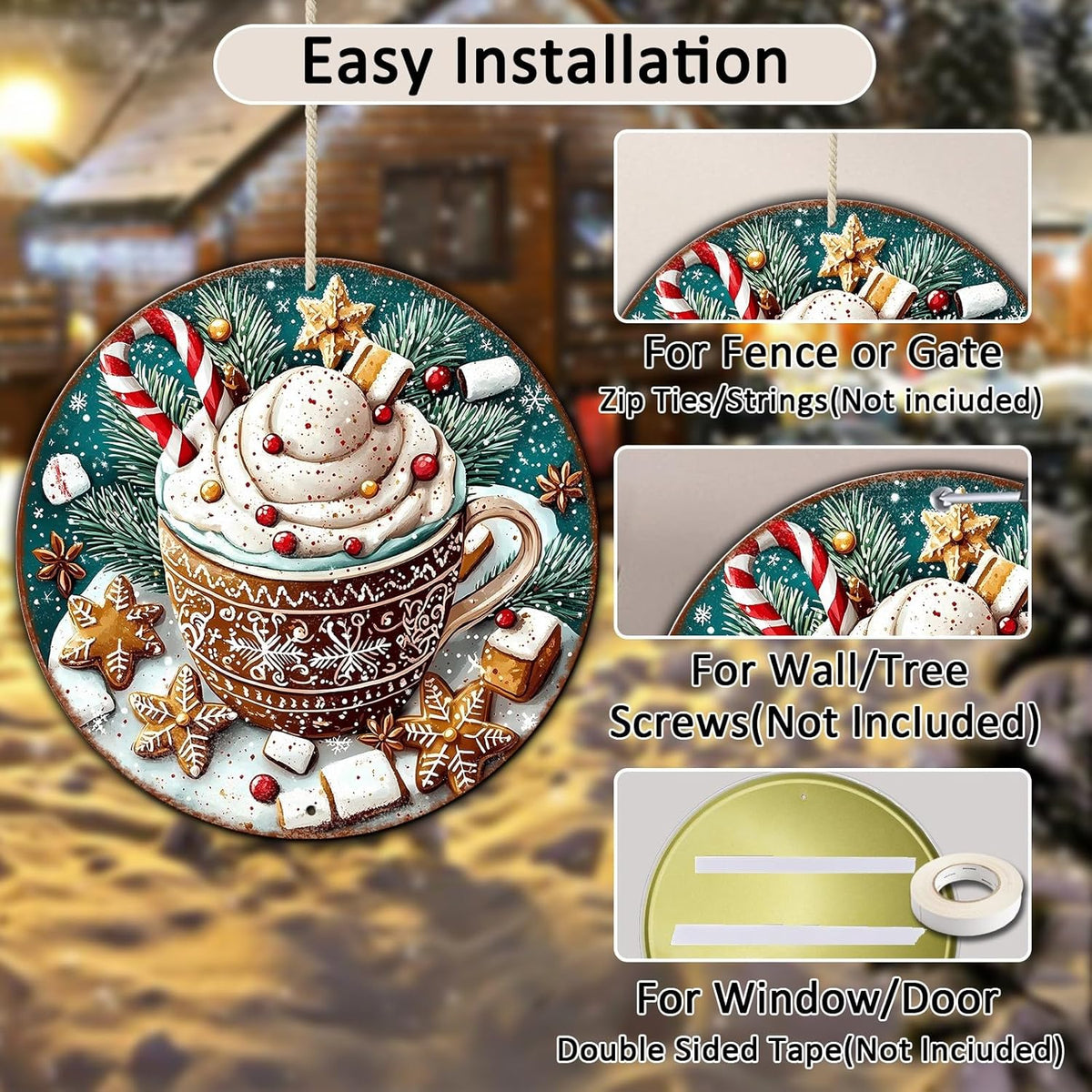 Round Christmas Signs Hot Cocoa Bar Metal Tin Sign Christmas Decor For Home Vintage Christmas