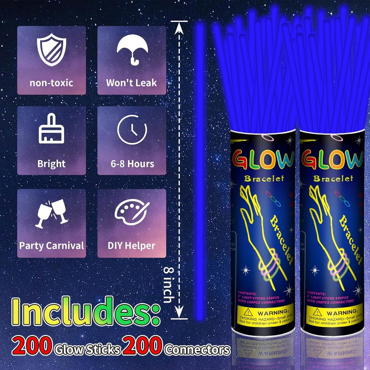 200 Pack 8'' Glow Sticks Bulk Party Favors Blue Light Up Sticks with Connectors Neon Glow in the