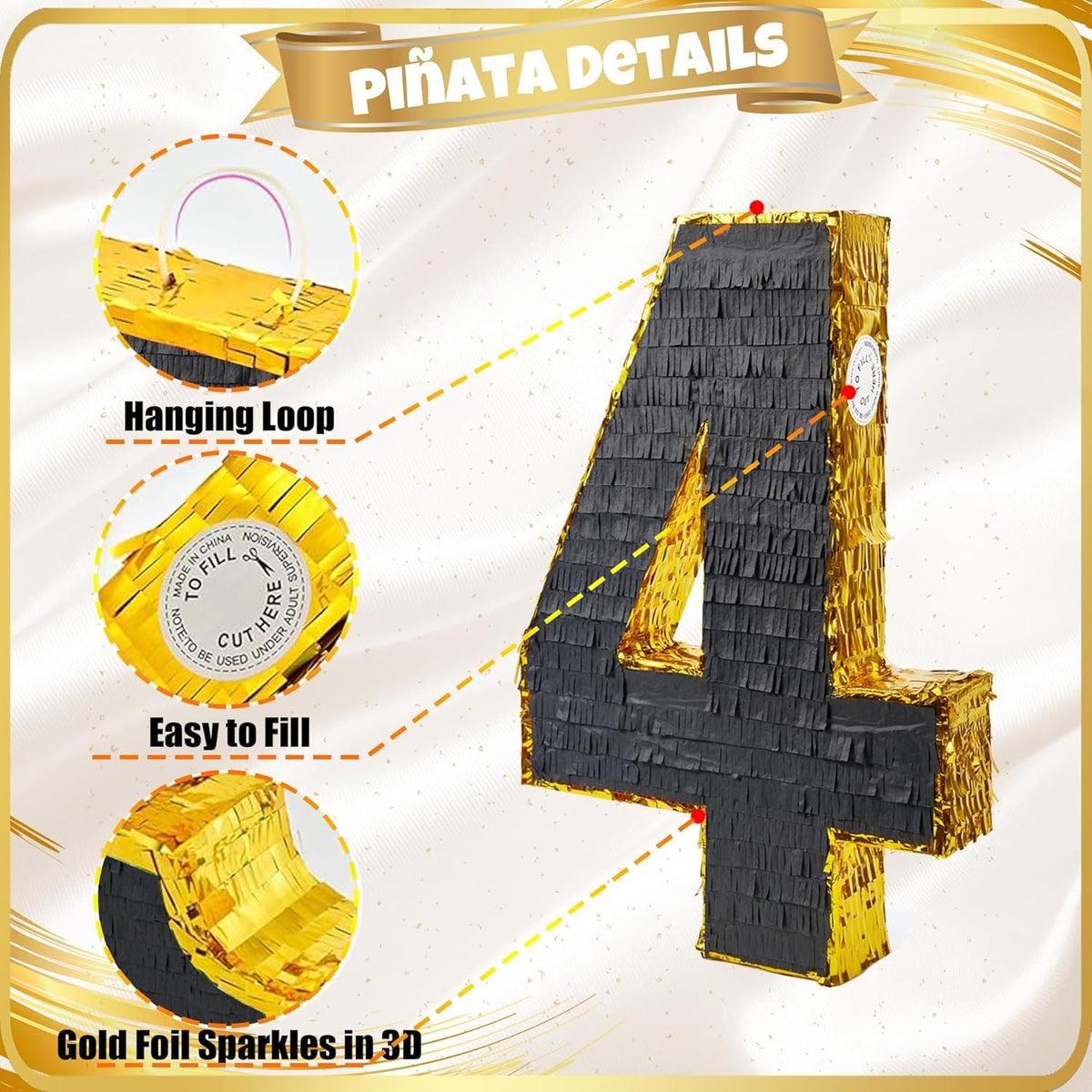 PCFING 20 Inch Number 4 Piñata Gold Black with 30 Inch Piñata Stick Blindfold Confetti for Man