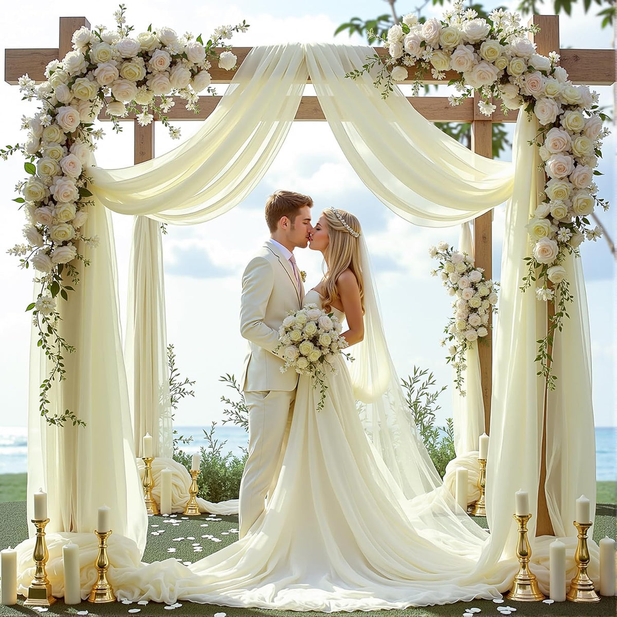 Wedding Arch Draping Fabric, 2 Panels 6 Yards Ivory Sheer Backdrop Curtain Chiffon Fabric Drapery
