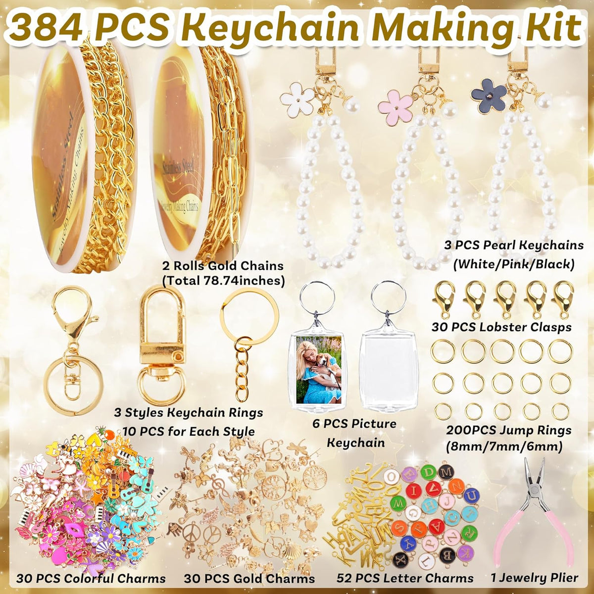 Namifin 384 Pcs Keychain Making Kit with Charms & Keychain Clips - DIY Bag Charms, Pearl Keychains