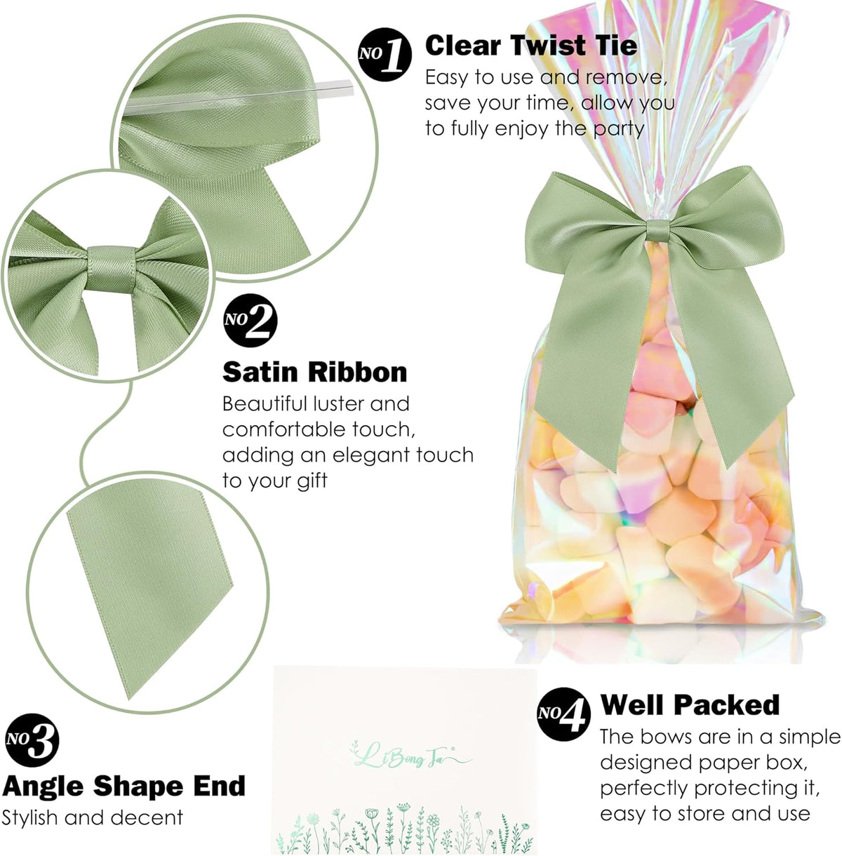 4.5" Satin Ribbon Sage Green Bows for Gift Wrapping, Twist Tie Bows, Cute Bows for Crafts, Party