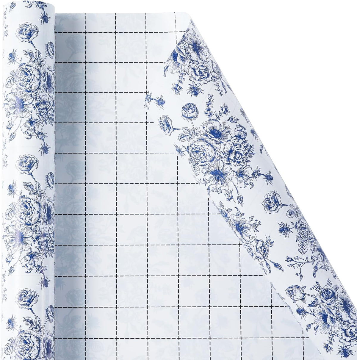 Ulmasinn Blue Floral Wrapping Paper Roll - 17 Inches x 33 Feet - Vintage Toile Blue Floral Design
