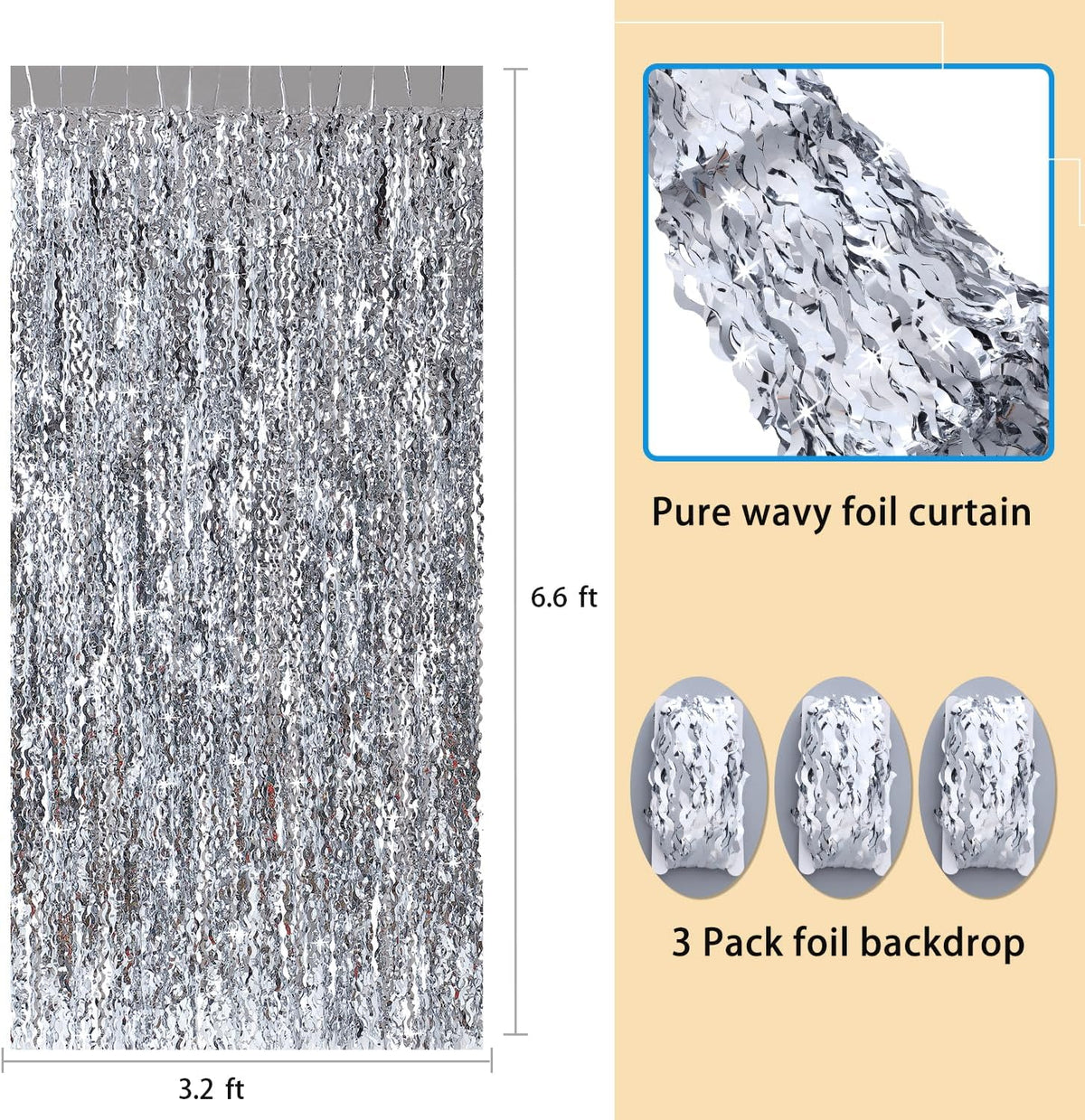 3 Pack Wave Silver Tinsel Curtain - 3.3x6.6 Feet Foil Streamers Birthday Party Decorations Wedding