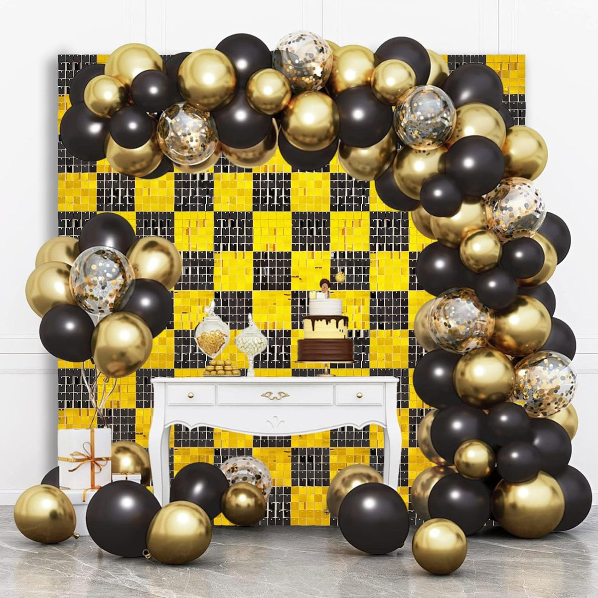 24PCS Black Gold Shimmer Wall Backdrop, Square Sequin Photo Backdrops Panel, Glitter Wall