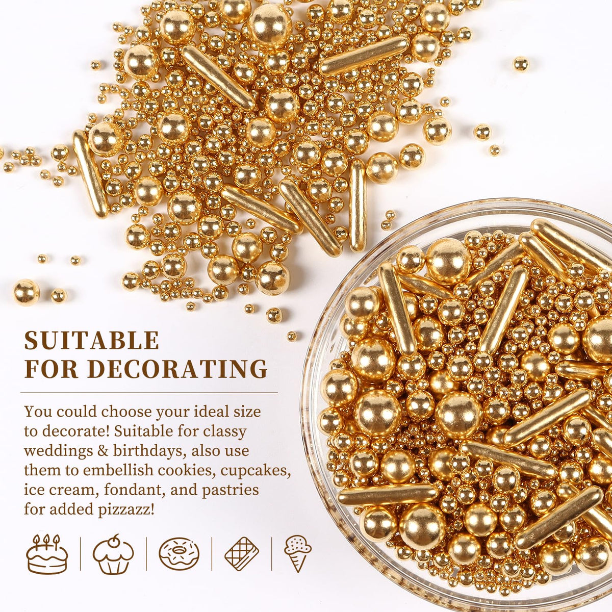 Gold Pearl Sprinkles for Cake Decorating, Pearl Metallic Rod Mix, 4.23 oz Gold Sprinkles for